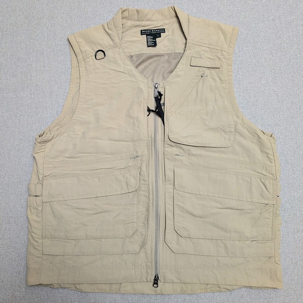 Royal Robbins Fishing Vest Mens Size Large Khaki Outdoor Hunting Pockets Zip Up